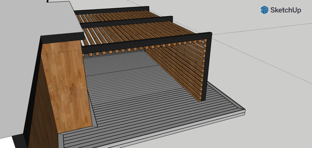 3D-modell av en planerad altan i kompositmaterial med träpergola, ansluten till ett hus.