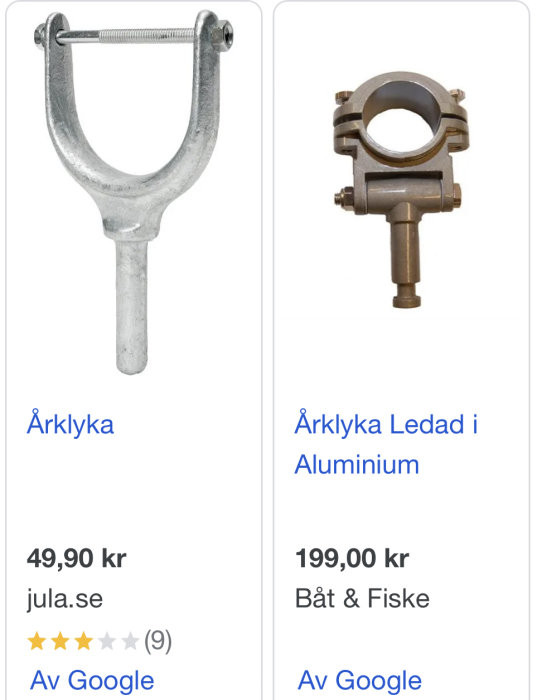Två olika typer av årlklykor för båtar, en enkel och en ledd i aluminium.