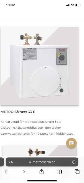 Metro Therm värmesystem Så'nätt 33 E för installation under diskbänk.