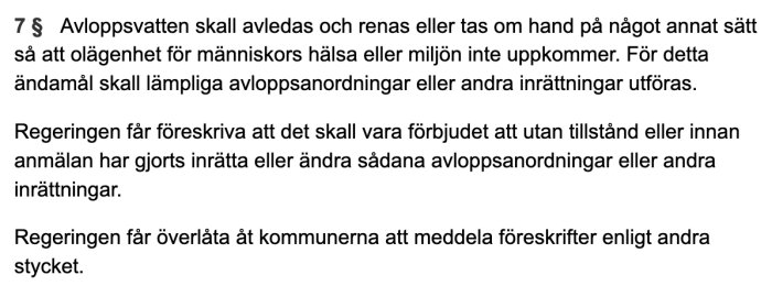 Textutdrag från lagtext med regler om avloppshantering enligt 9 kap. 7 § miljöbalken.