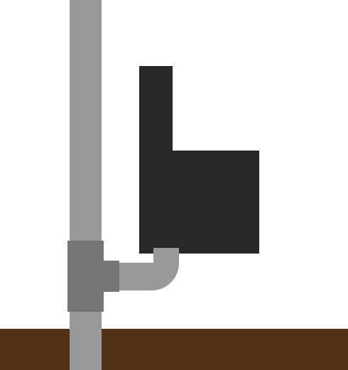 Schematisk illustration av PVC-rör med 90-graders grenrör och toalettplattform.