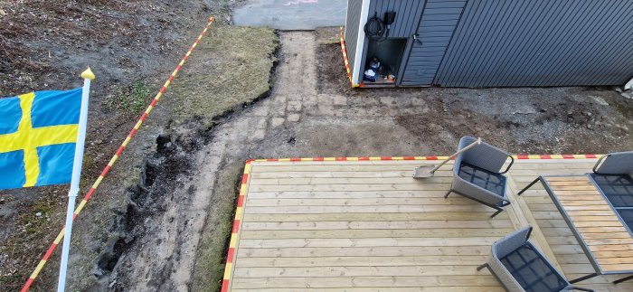 Vy över en nygjord parkering intill ett hus, markerad med röd-gul mätningsband, bredvid en trädäcksterrass med svenska flaggan.