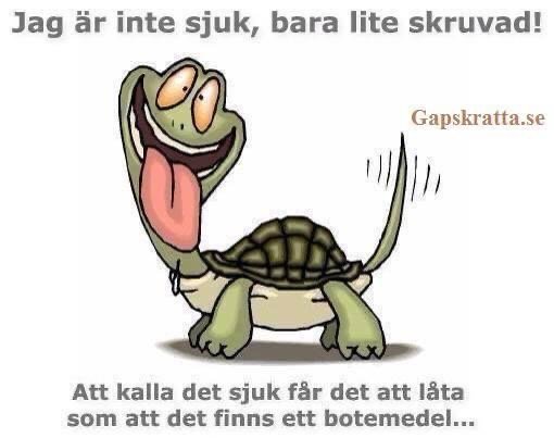 Illustration av en leende sköldpadda med skruvad kropp och text med ordlek om att vara skruvad istället för sjuk.