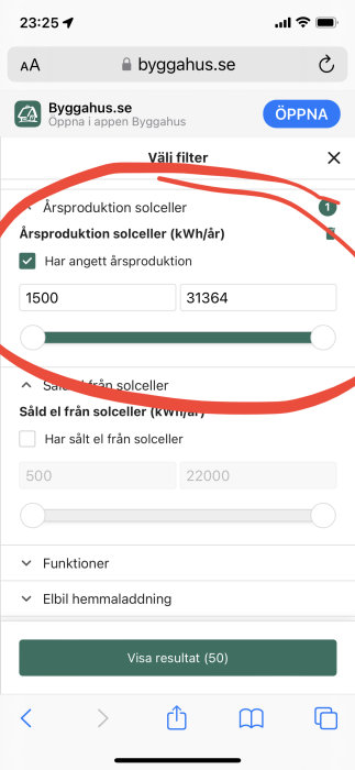 Skärmdump av ett diskussionsforums filter för årsproduktion och såld el från solceller.