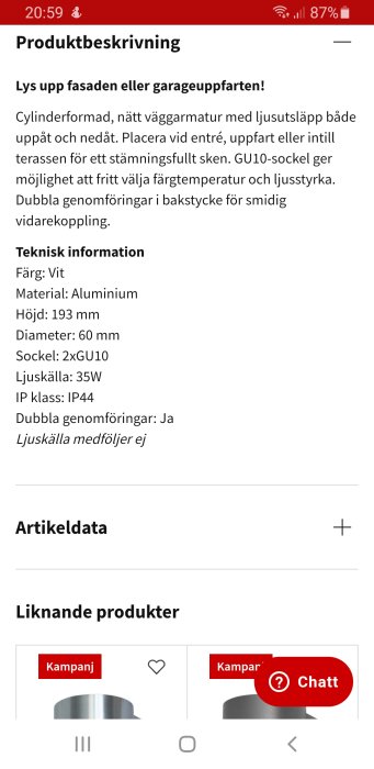 Skärmdump av en mobiltelefon som visar en produktbeskrivning för en cylinderformad vägglampa med teknisk information.