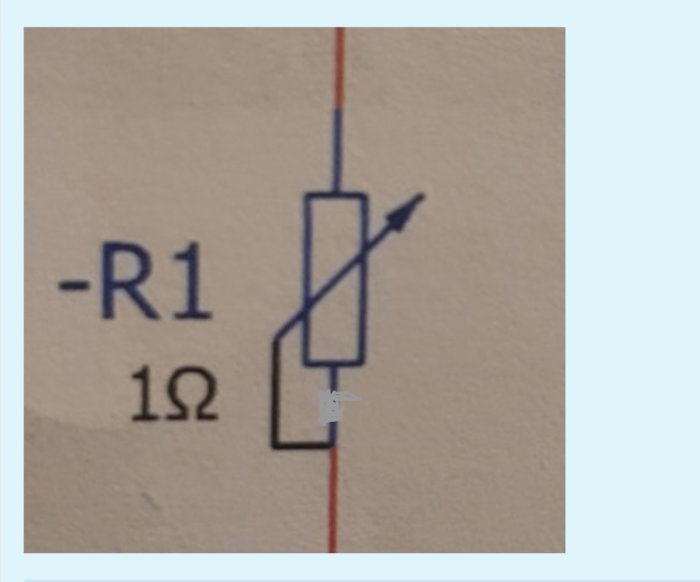 Schematisk illustration av en potentiometer märkt "R1 1Ω" med löpare och anslutningsändar.