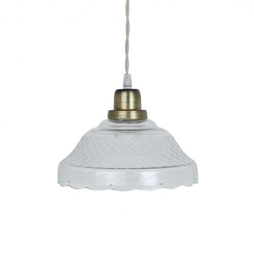 Taklampa med mönstrat glas och antik mässingsfinish, upphängd med en tvåledare-sladd.