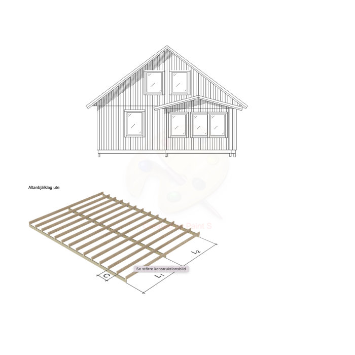 Schematisk ritning av en husfasad med altanbjälklag, text "Se större konstruktionsbild" och programikon i hörnet.