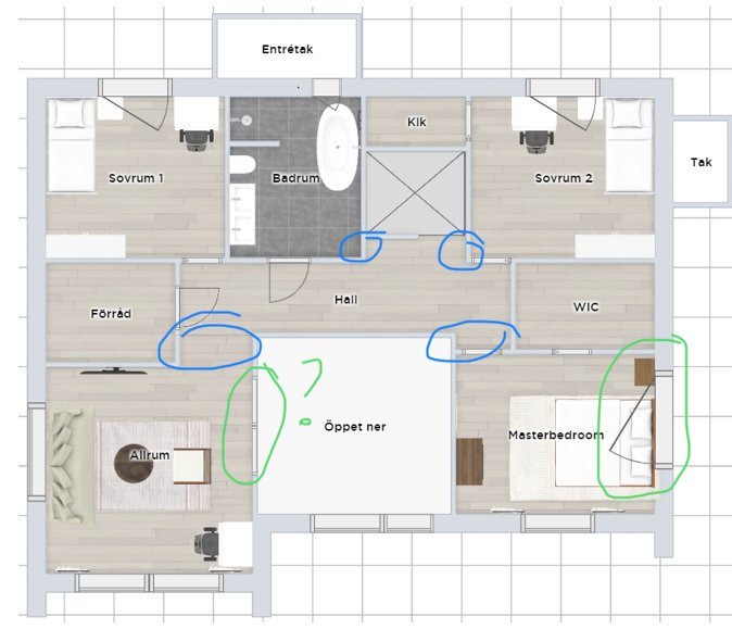 Översiktsbild av en husplan med markerade områden; frågetecken vid öppning, blå cirklar omkring fönster och gröna kring särdrag i planlösningen.