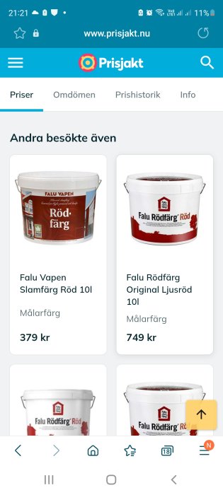 Jämförelse av två hinkar med rödfärg: Slamfärg och original ljusröd från Falu Rödfärg.