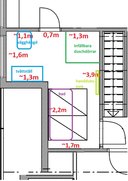 Ritning av ett badrum med dimensioner för badkar, tvättställ, dusch och handdukstork.