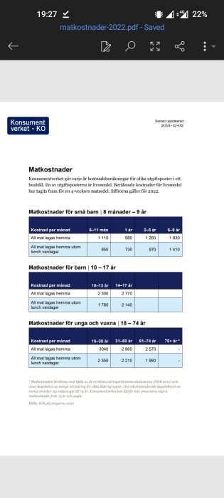 Skärmdump av Konsumentverkets matkostnadsberäkning för 2022, inkluderar olika åldersgrupper.