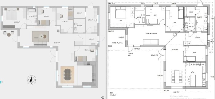 Två olika planritningar av ett hus, den vänstra med användarens ändringar och den högra är originalskiss.