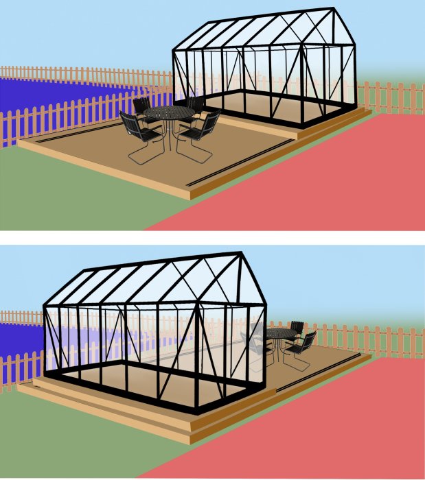 Konceptillustration av ett växthus på altan med möbler, planerat för en liten tomt.