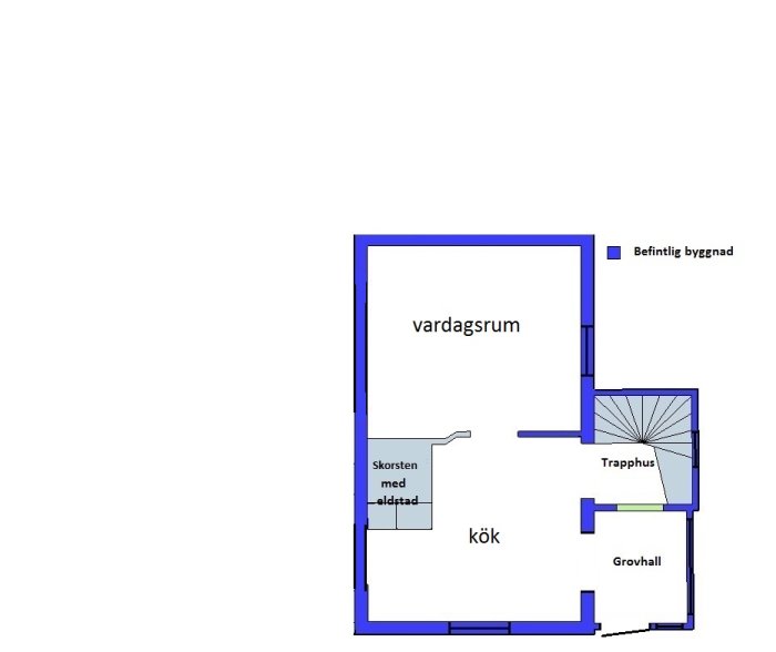 Grundritning av ett hus med markerade rum som kök och vardagsrum, samt skissad trapphus- och skorstensplacering.