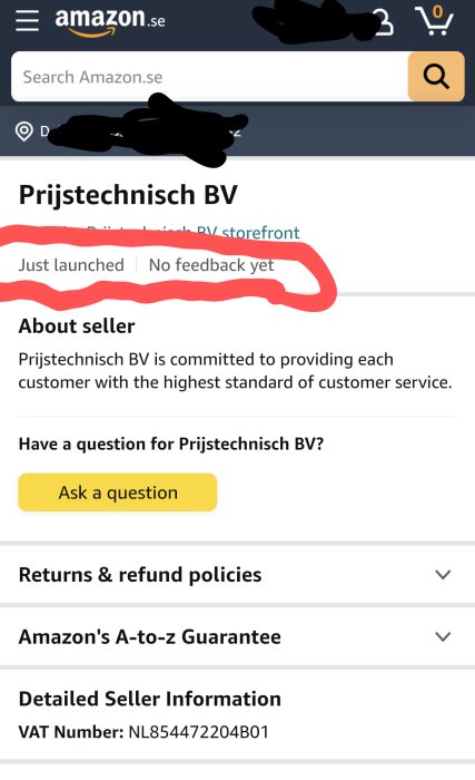 Skärmdump från Amazon med en ny butikssida utan kundfeedback.
