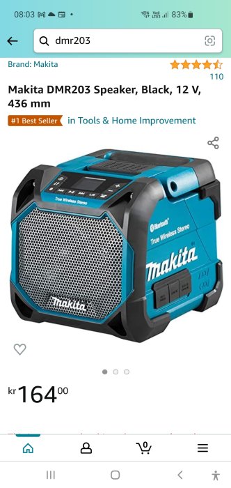 Makita DMR203 högtalare i blått och svart med prisangivelse 164 kr på skärm.