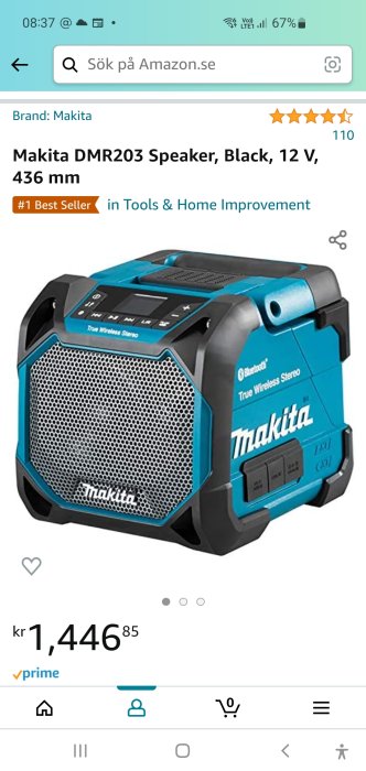 Makita DMR203 Bluetooth-högtalare på Amazon-appen med 110 recensioner och pris visas.