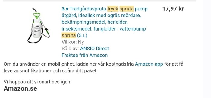 Trädgårdsspruta med tryckpump på annonsbild med pris och produktinformation från Amazon.se.