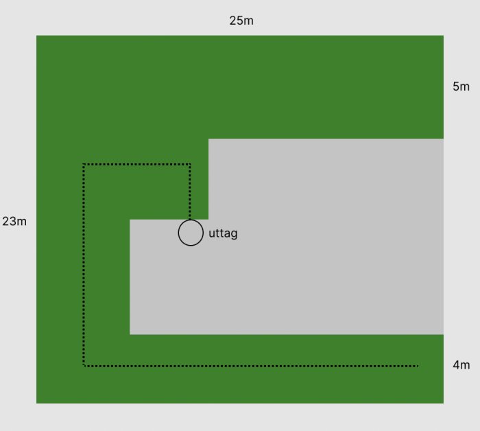 En schematisk ritning av en tomt med måttangivelser och uttag för ett eventuellt byggprojekt.