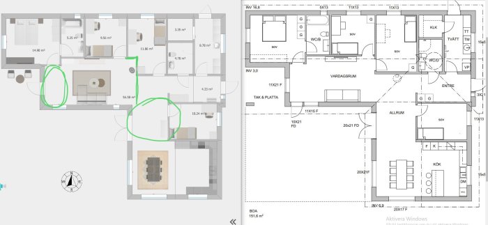 Ritningar av ett hus med markerade döytor i vardagsrummet, jämförelse mellan gammal och ny planlösning.