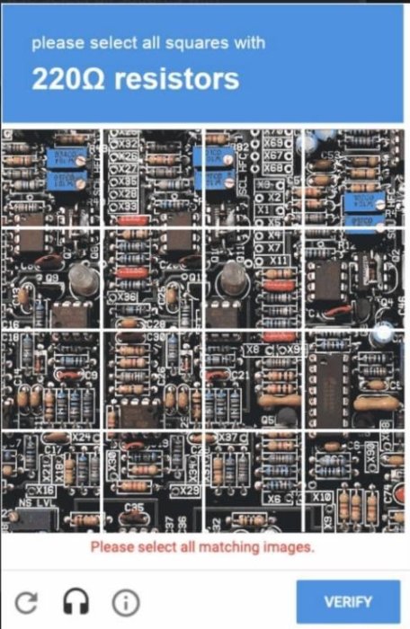 CAPTCHA-skärm som ber användaren markera rutor med 220Ω resistorer på en kretskortsbakgrund.