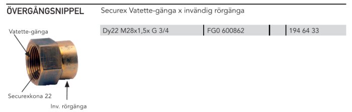 Övergångsnippel med Vatette-gänga och invändig rörgänga för Vatette-koppling, Securixkona 22.
