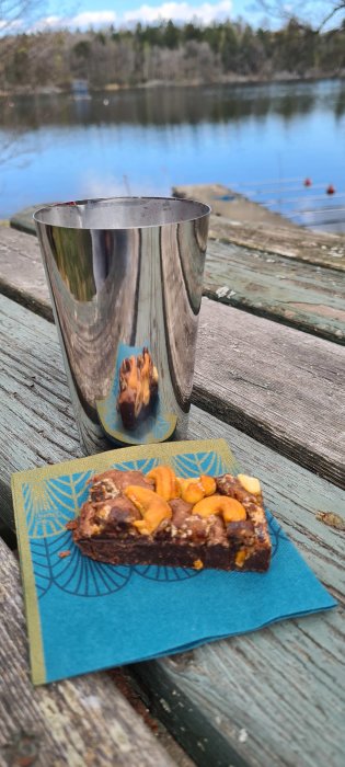 Stålmugg på träbrygga med reflektion av eld, chokladkaka med nötter i förgrunden, sjö i bakgrunden.