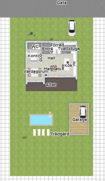 Översiktsplan av ett hus med angränsande garage, visar rumsuppdelning och placering av altan samt pool i trädgården.