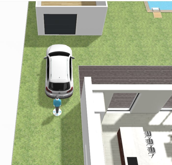 3D-visualisering av hus och garage med en bil och person som förbereder för infart.