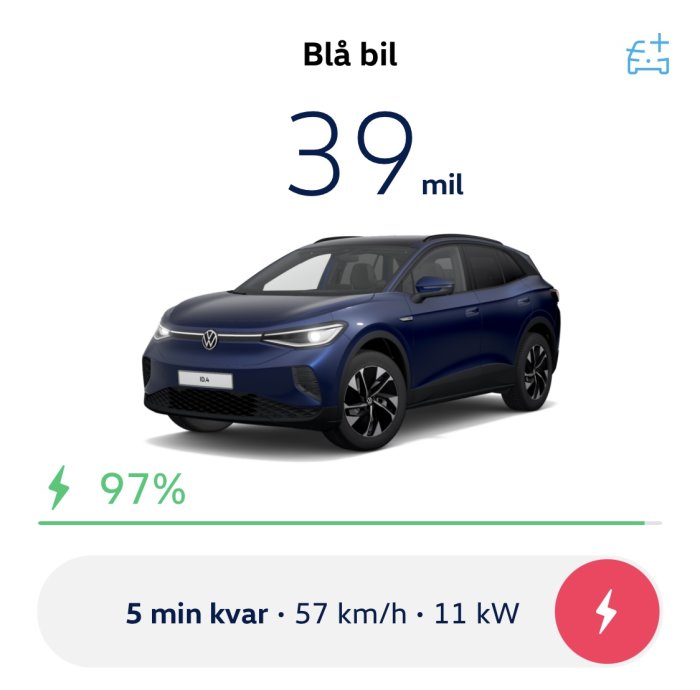 Laddningsstatus för en blå ID4 visar 97% med 39 mil räckvidd, 5 minuter kvar, laddar med 11 kW.