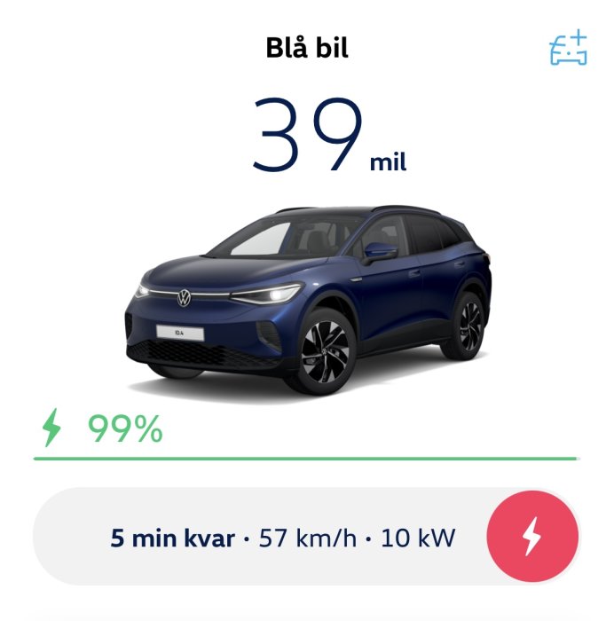 Blå elbil VW ID4 med laddningsstatus 99%, 39 mils räckvidd, 5 minuter kvar av laddning.