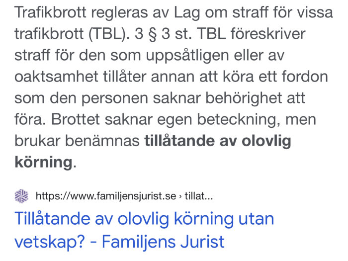 Skärmdump av en text om straff för trafikbrott enligt Trafikbrottslagen, källa Familjens Jurist.