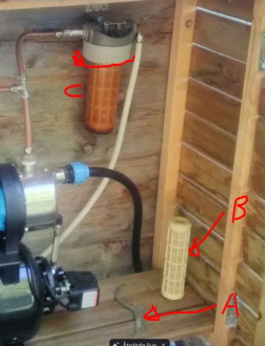 Vattenfilter och pumpsystem i vedskalad miljö med verktyg A, insats B och plastmutter C markerade.