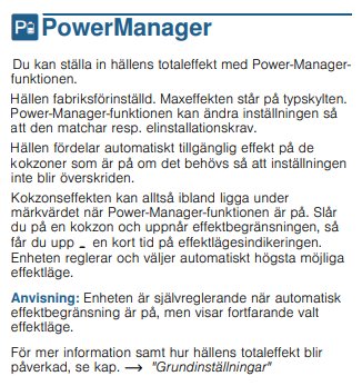 Instruktioner för inställning av maxeffekt på kökshäll med PowerManager-funktionen.
