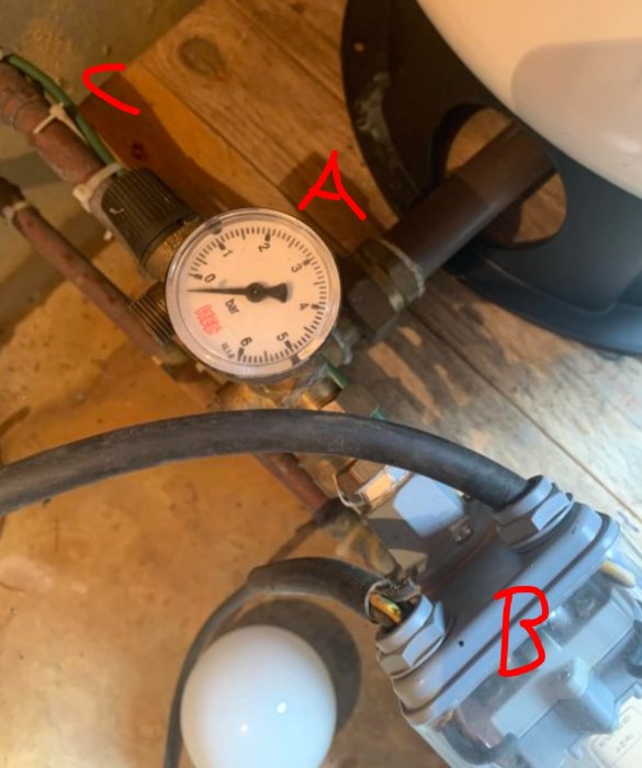 Manometer märkt med 'A' som är ansluten till rörverk, och en tryckvakt märkt med 'B' med synligt sliten kabel.