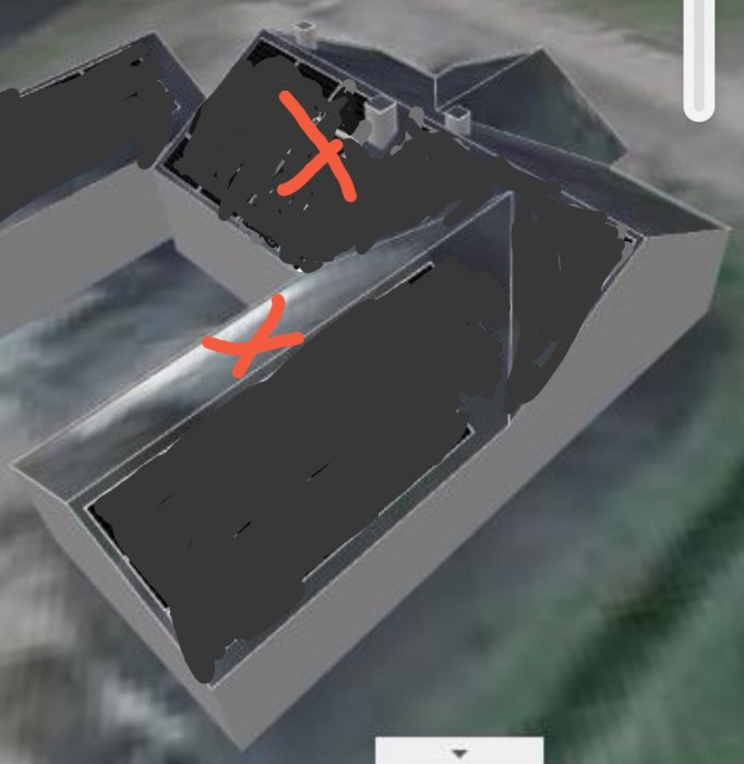 3D-modell av ett hus med markerade ytor på taket för planering av solcellspaneler.