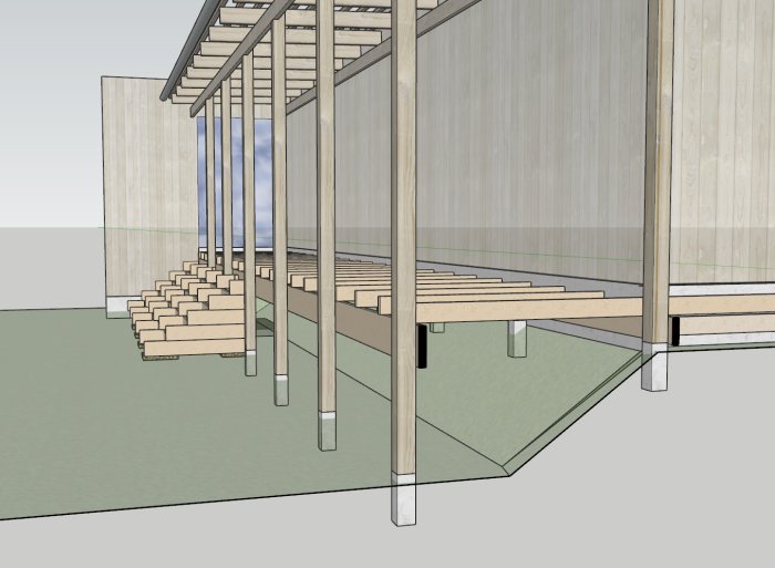 3D-rendering av en upphöjd altan med bärande pelare som också håller upp ett tak.