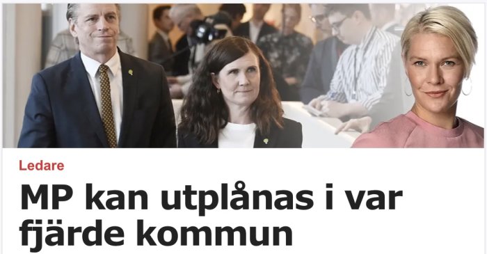 Tre personer i en politisk sammanhang, två kvinnor och en man, med text om lokala politiska förändringar.
