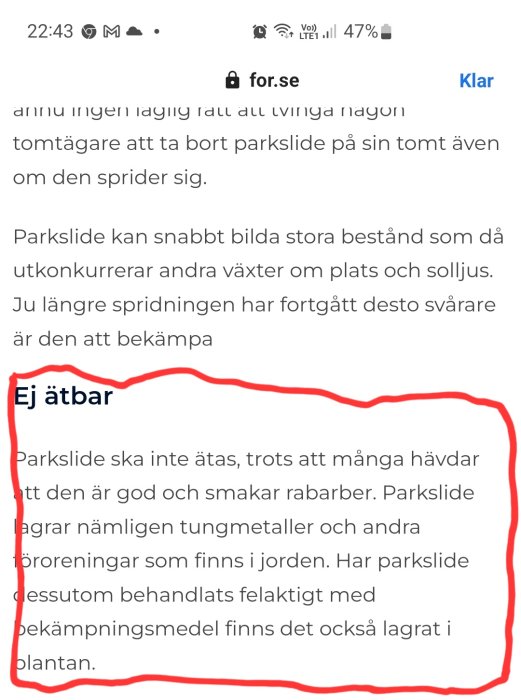 Skärmbild av en text om att parkslide är oätbar, markerad med röd penna och "Ej ätbar" skrivet för hand.