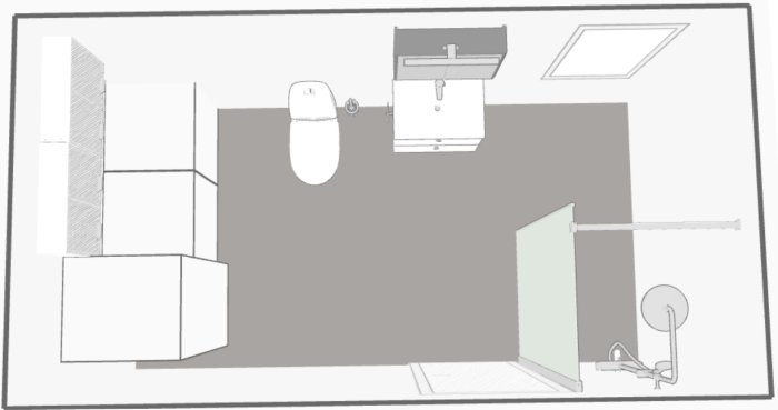 Schematisk ritning av ett badrum med dusch, tvättmaskin, handfat och toalett för elplanering.