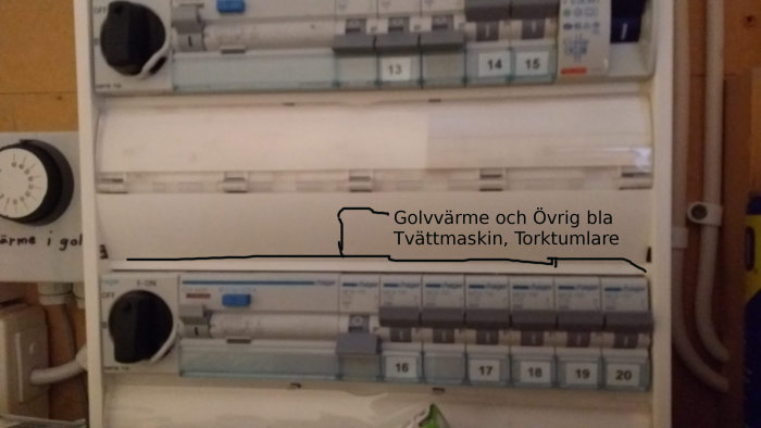 Interiör av ett proppskåp med etiketterade säkringar för hushållsapparater.