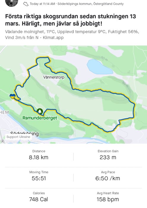Skärmdump av träningsapp som visar karta och statistik för en avslutad 8.18 km löprunda runt Vännerstorps och Ramunderberget.