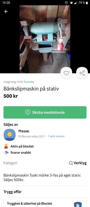 Begagnad bänkslipmaskin av tyskt märke på stativ till salu.