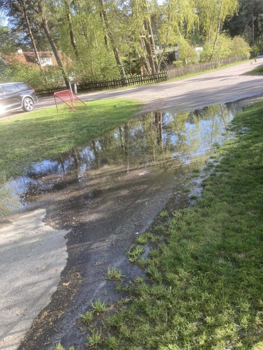 Stort vattenpöl på en gräsmatta bredvid en sandig väg som visar översvämning från bevattningssystemet.