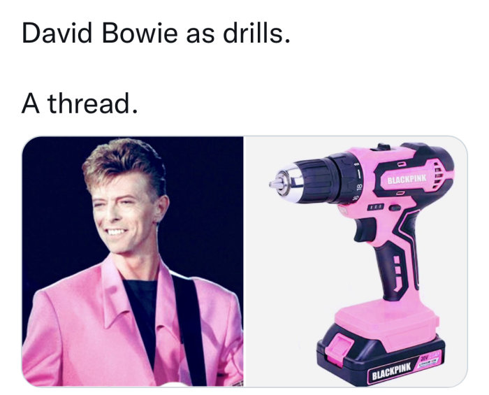 Jämförelse av en rosa drill med David Bowie i rosa kostym.