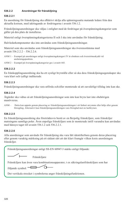 Bild på dokument som beskriver regler för frånskiljningsanordningar och symboler för frånskiljare.
