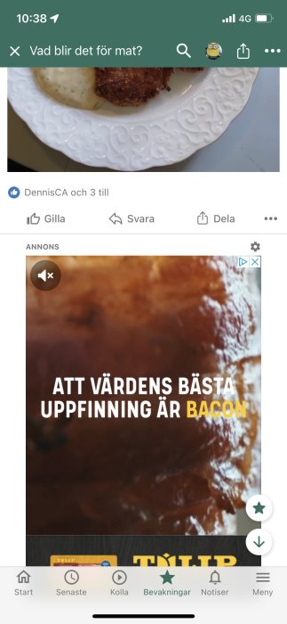 Skärmdump av en mobilannons för bacon med text "ATT VÄRDENS BÄSTA UPPFINNING ÄR BACON" över bilden.