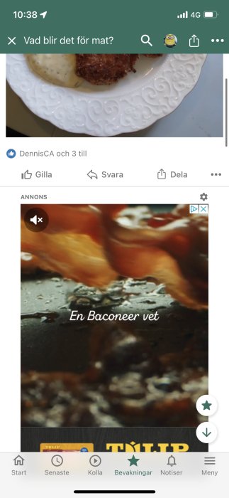 Skärmdump av ett diskussionsforum med en stängd videoreklam och rubriken "En Bacooner vet".