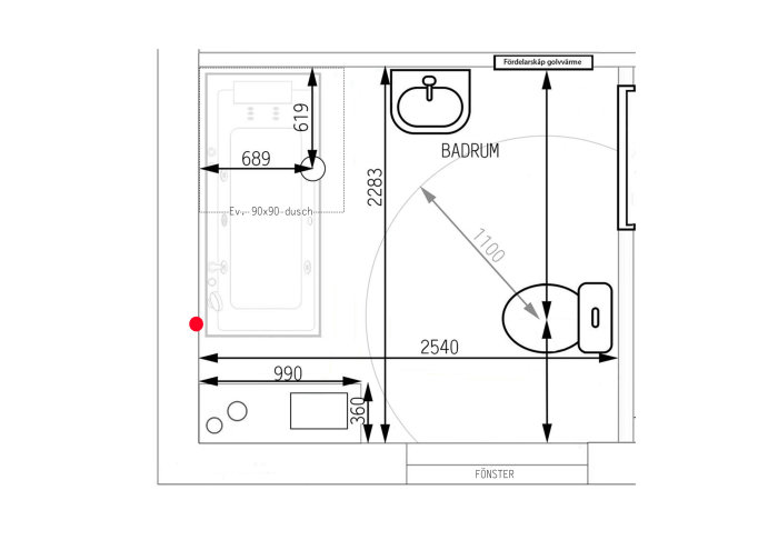 Ritning av badrum med måttangivelser, inklusive placering av dusch, handfat och eventuell bubbelbadkar.